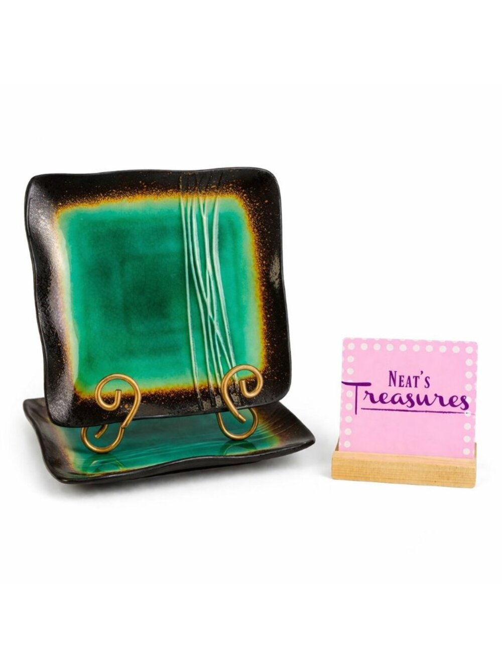Baum Brothers GALAXY JADE Square Brown Trim Green Wavy Lunch Salad Plate Set 2